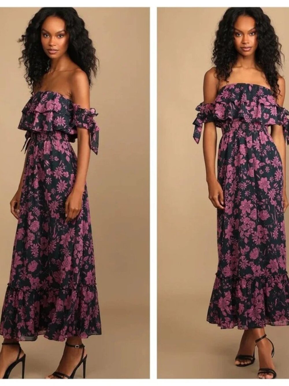 NWT Lulus Love And Blooms Navy Blue Floral Off-Shoulder Maxi Dress M Tiered